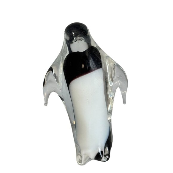 Hand Blown Art Glass Penguin Figurine Clear Encased Black White 4 1/2" - Picture 1 of 7